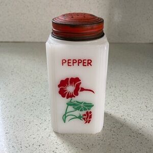 Vintage White Milk Glass Red Floral Design Pepper Shaker with Red Top